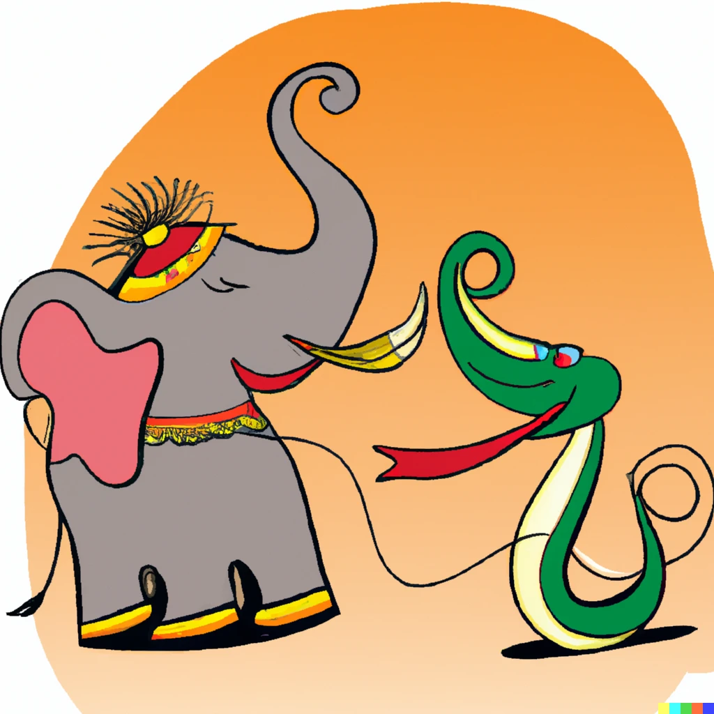 Prompt: elephant and snake dancing