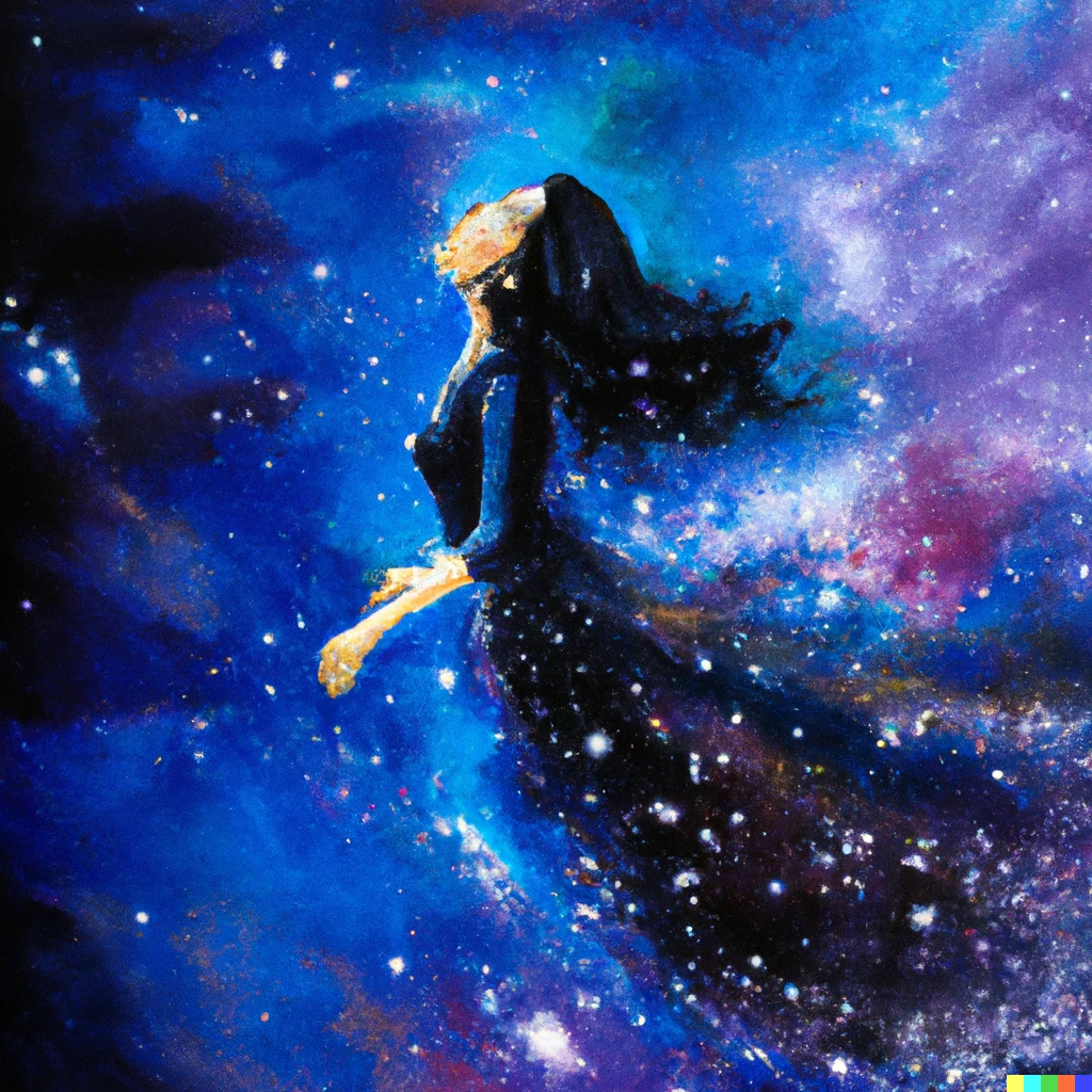 Prompt: painting of a woman floating with stars in galaxy