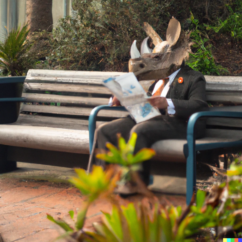 Prompt: photo of an anthropomorphic triceratops wearing a suit, reading a newspaper, and sitting on a bench