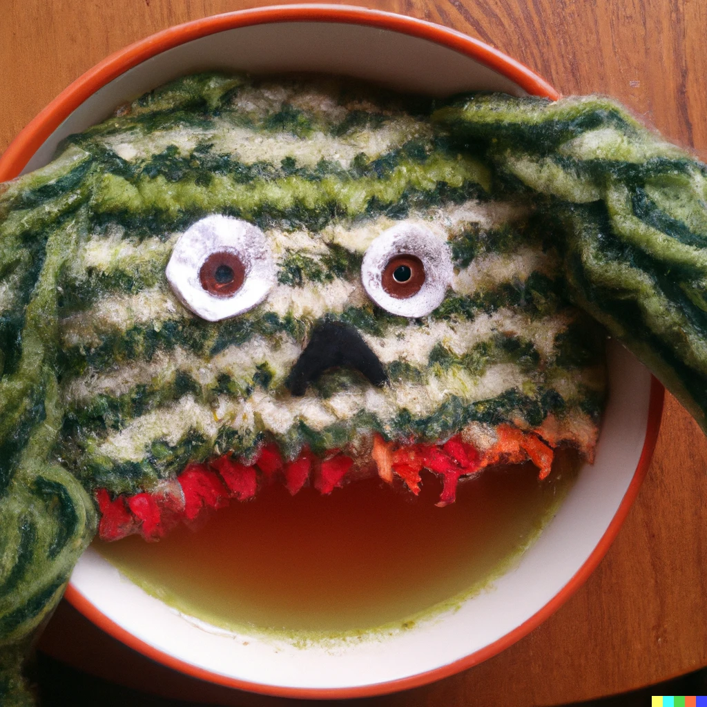 Prompt: a bowl of soup that looks like a monster, knitted out of wool