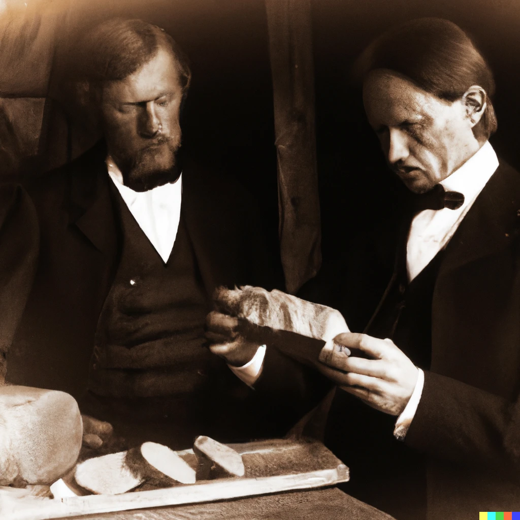 Prompt: two men dressed in nineteenth century clothes staring at a loaf of sliced white bread Daguerreotype