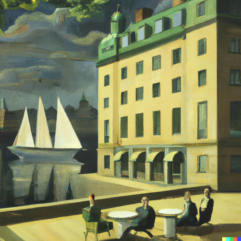 Prompt: Stockholm in the summer of 1942, painting by Edward Hopper