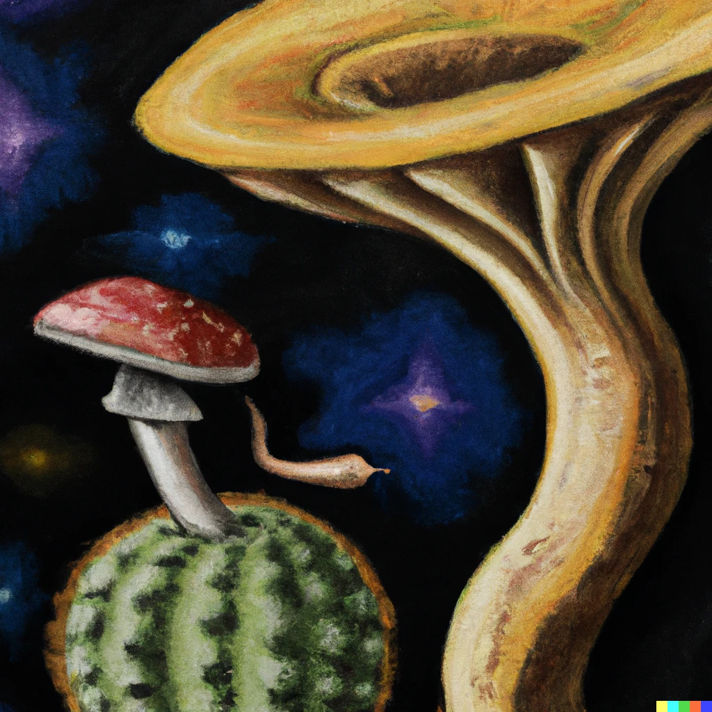 Prompt: A surrealist painting of a cacti eating a mushroom in outer space.