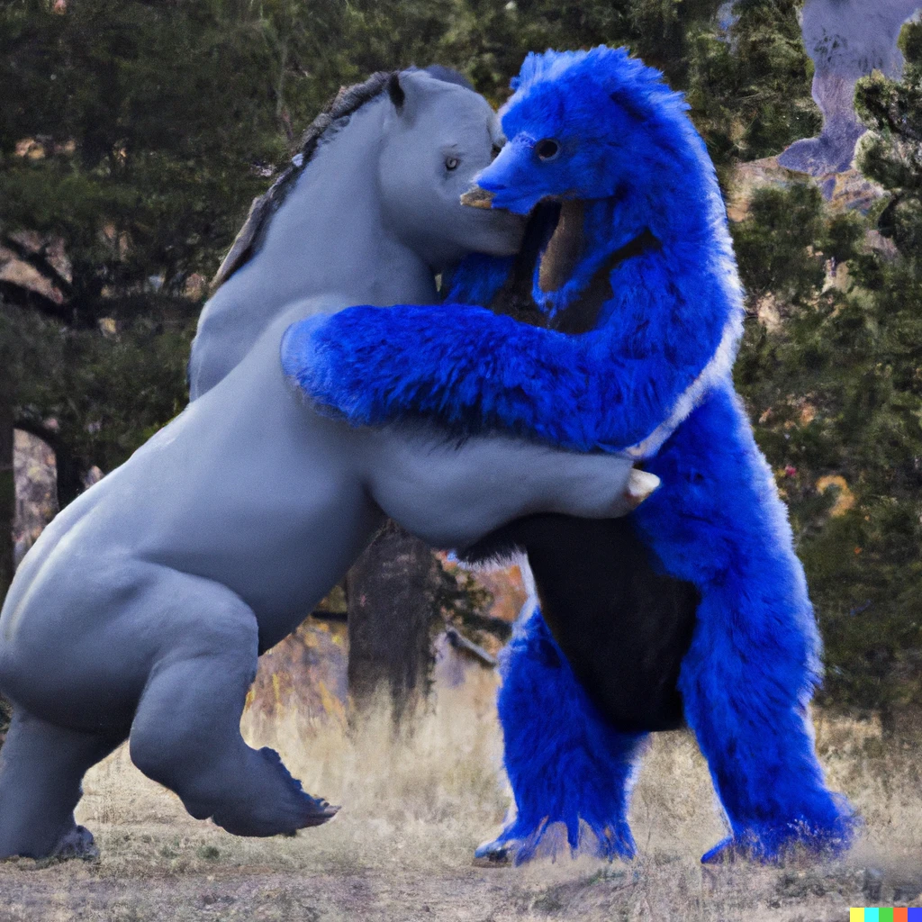 Prompt: A blue stallion fighting a blue bear in Denver Colorado.