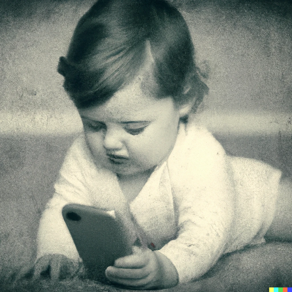 Prompt: old style black and white photo of a sad and confused baby looking at an iphone